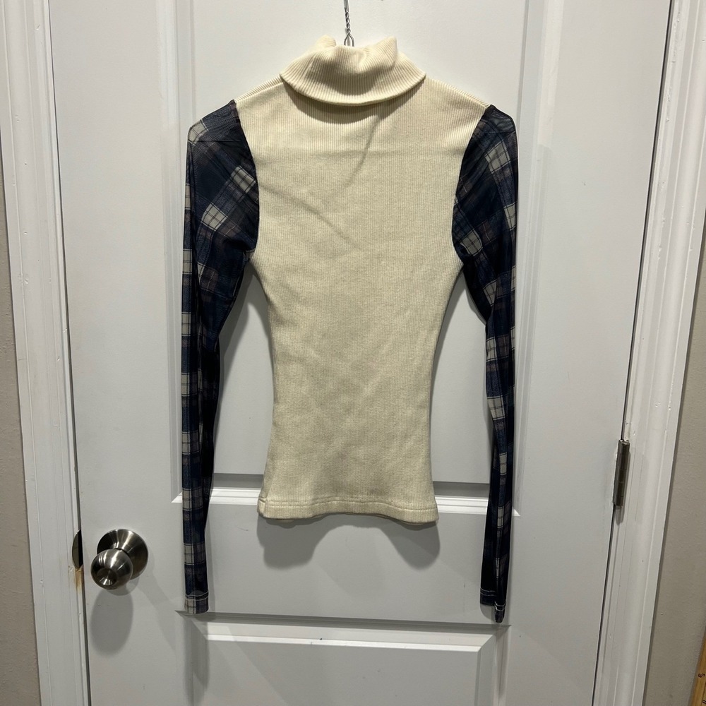Gimmicks Women Turtleneck Rib Knit Plaid Mesh Sleeve Top Cream M